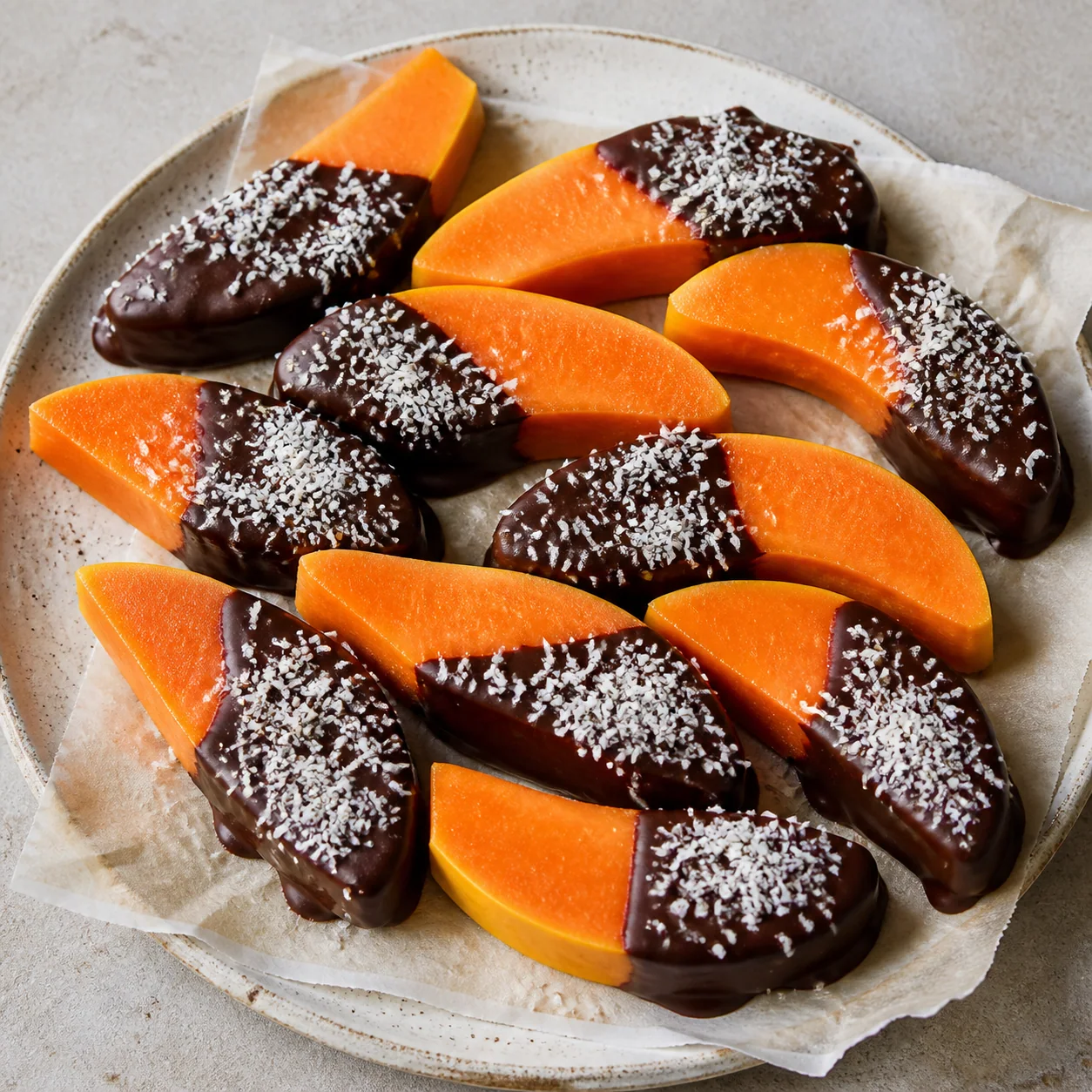 Finished homemade dish: Chocolate dipped pawpaw