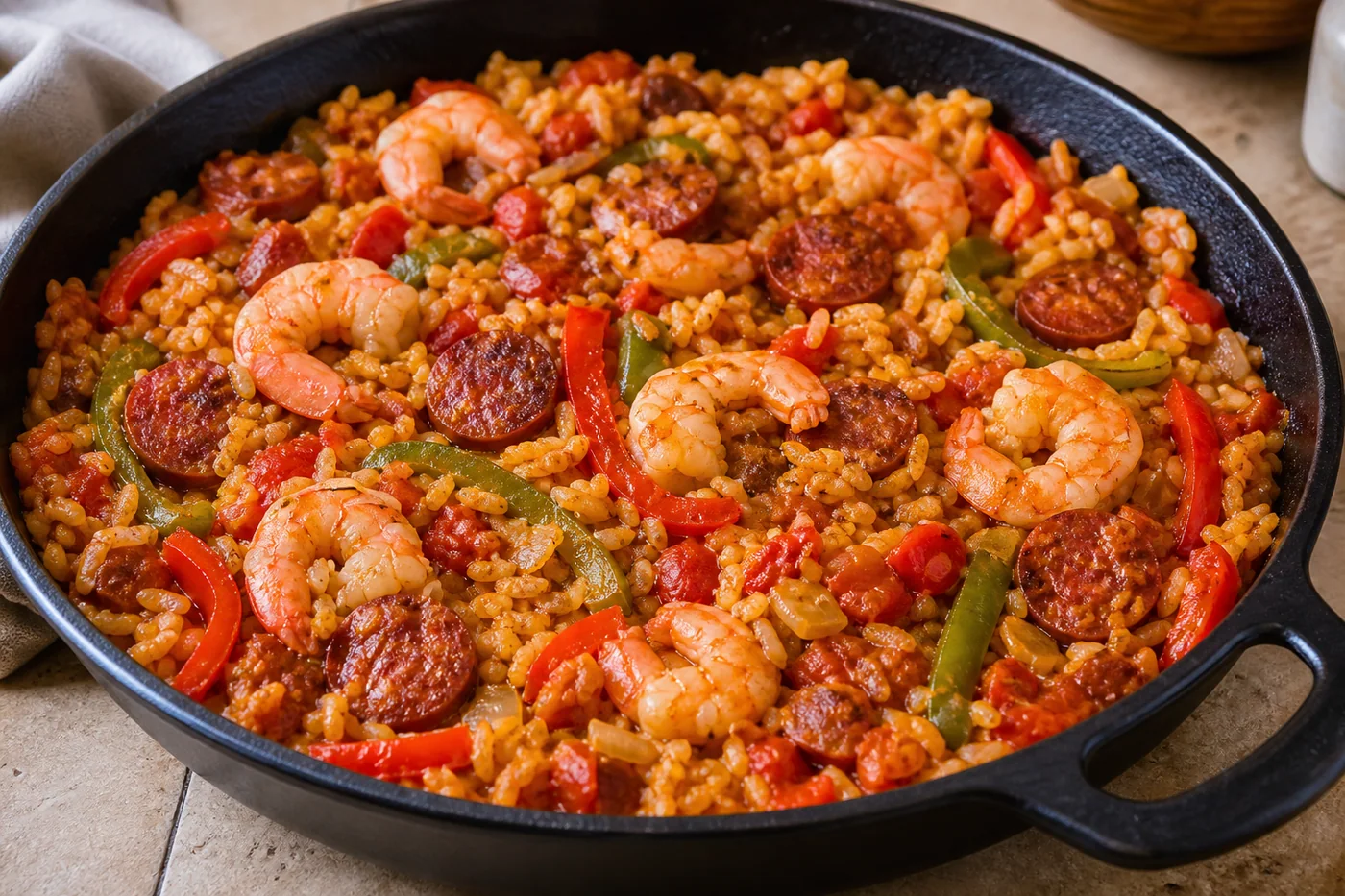 Arroz con gambas al estilo español en una olla