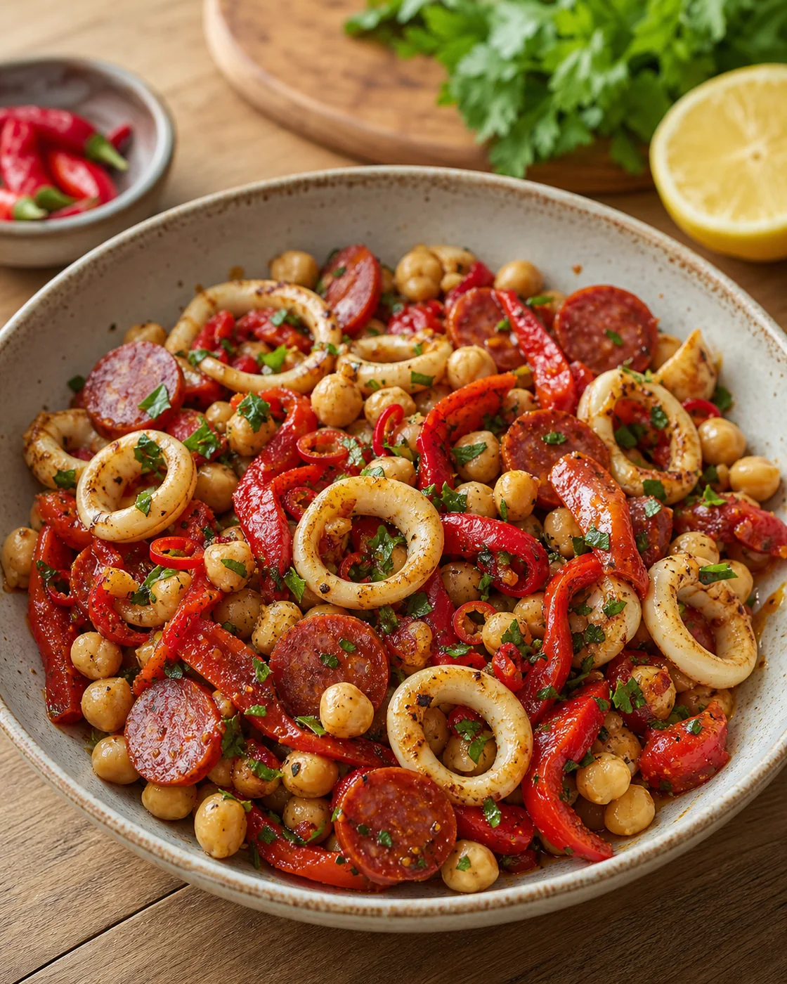 Ensalada de calamar, garbanzos y chorizo
