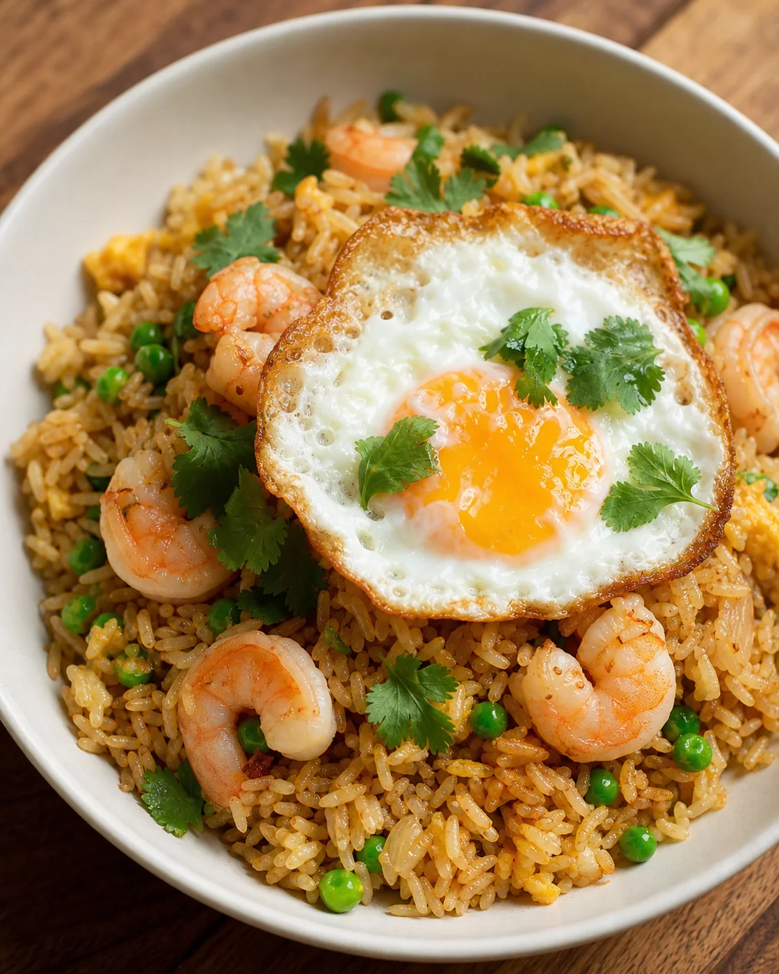 Arroz frito tailandés con gambas y guisantes