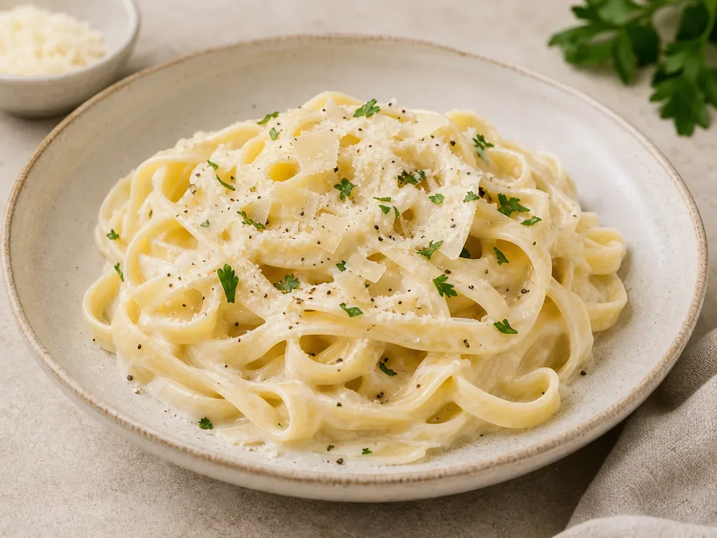 Classic fettuccine Alfredo with creamy parmesan sauce in a white bowl