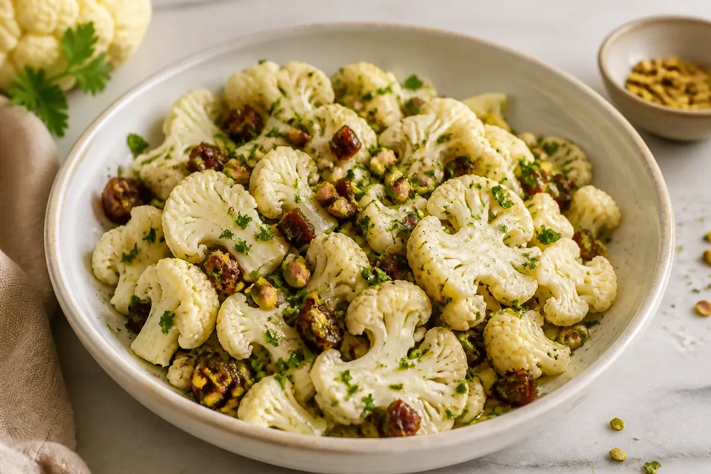 Finished homemade dish: Refreshing Cauliflower Salad with Dates and Pistachios