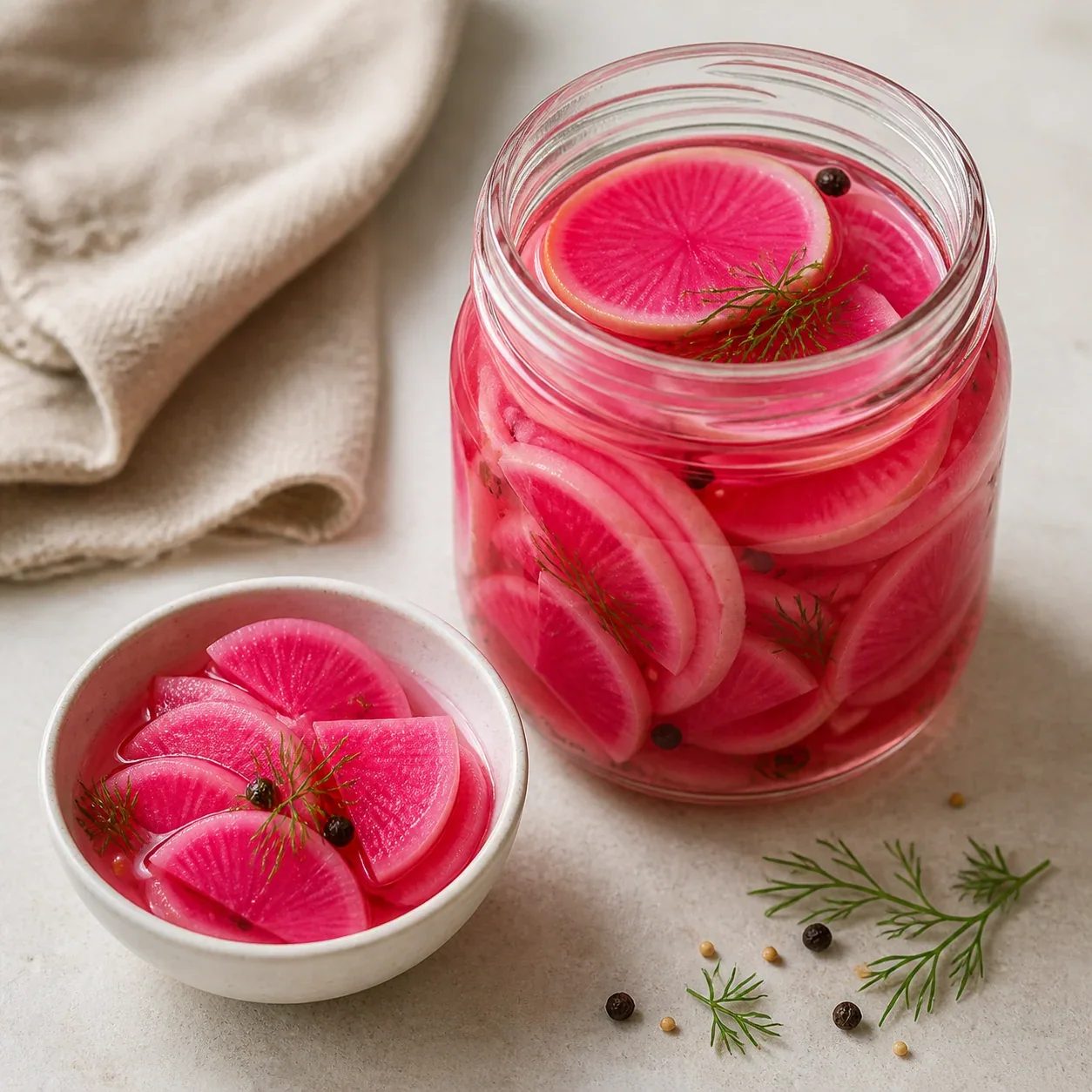 Quick-pickled pink watermelon radishes