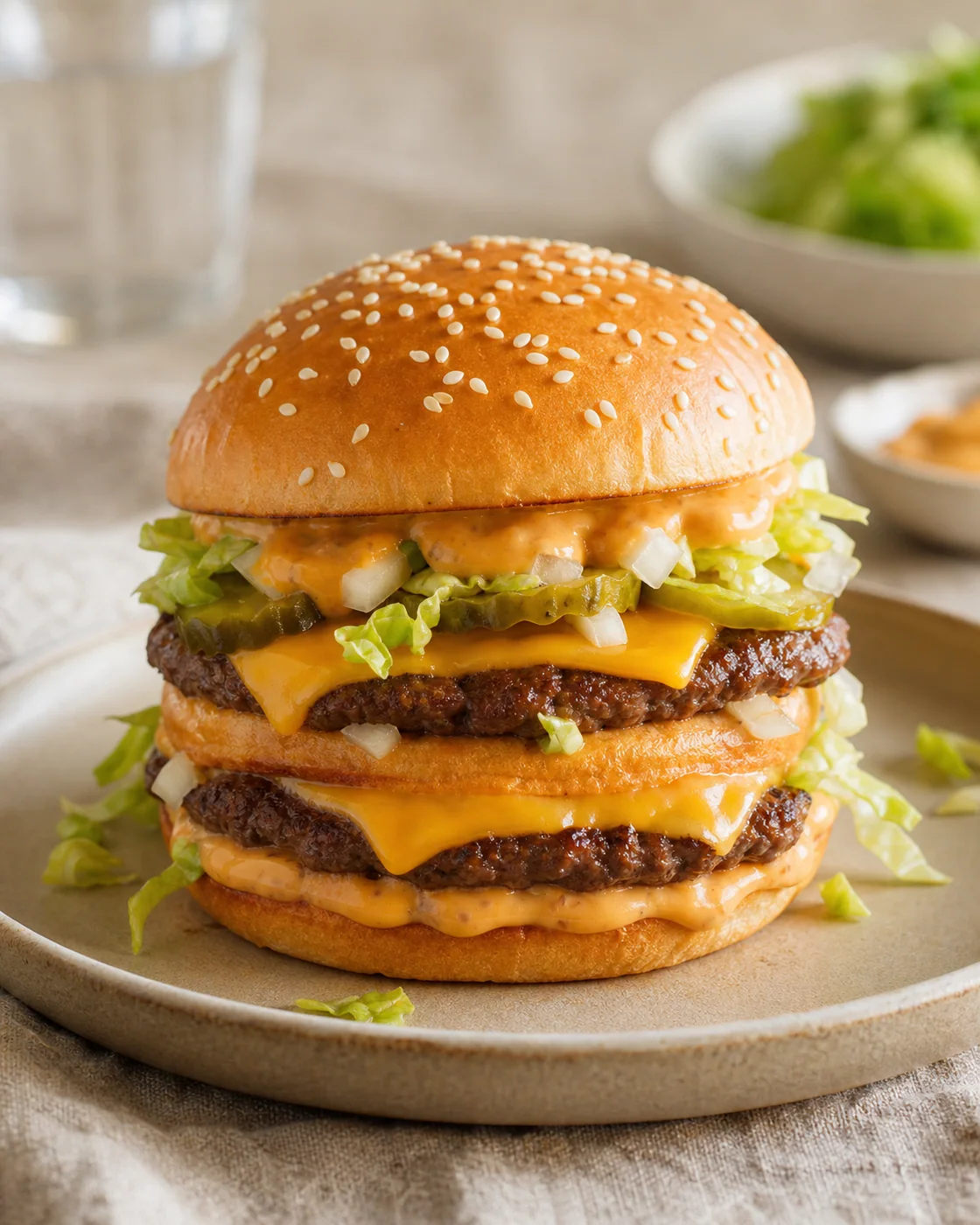 Hamburguesa doble con queso, lechuga, cebolla y pepinillos