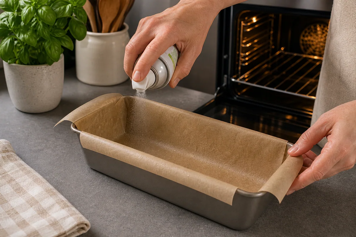 Mano rociando un molde para hornear forrado con papel de horno