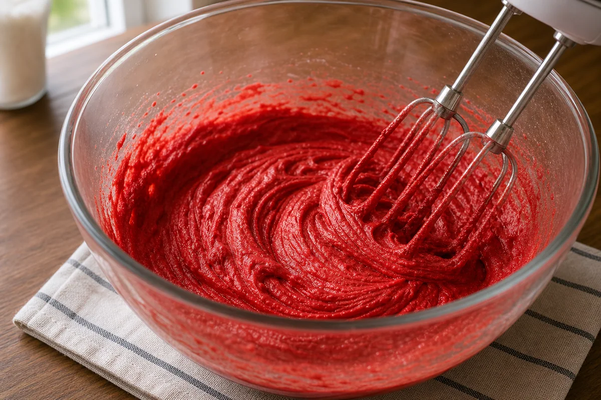 Masa roja para galletas en un cuenco con batidora eléctrica