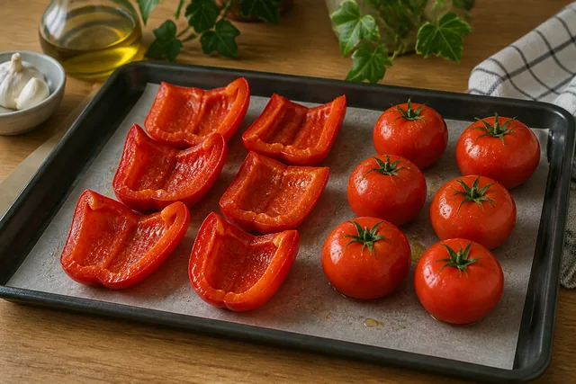 הניחו את הפלפלים והעגבניות על תבנית אפייה.