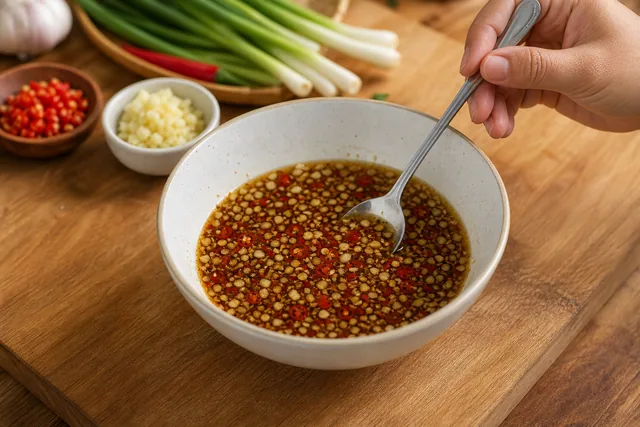 Hand stirring a sauce with garlic and chili in a bowl