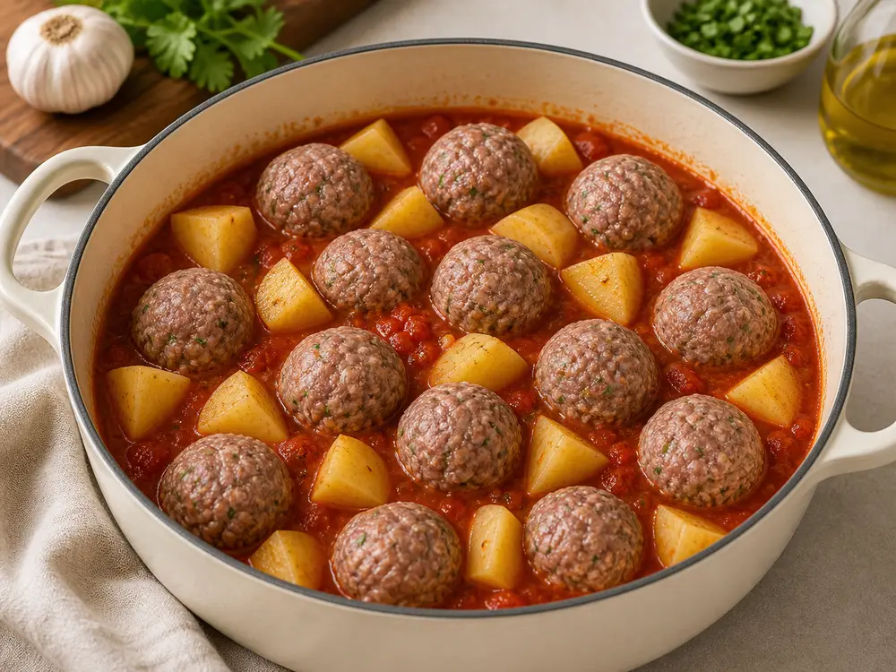 מוסיפים את קציצות הבשר והפלפלים הקצוצים למחבת; מבשלים ללא מכסה לעוד 3-5 דקות.