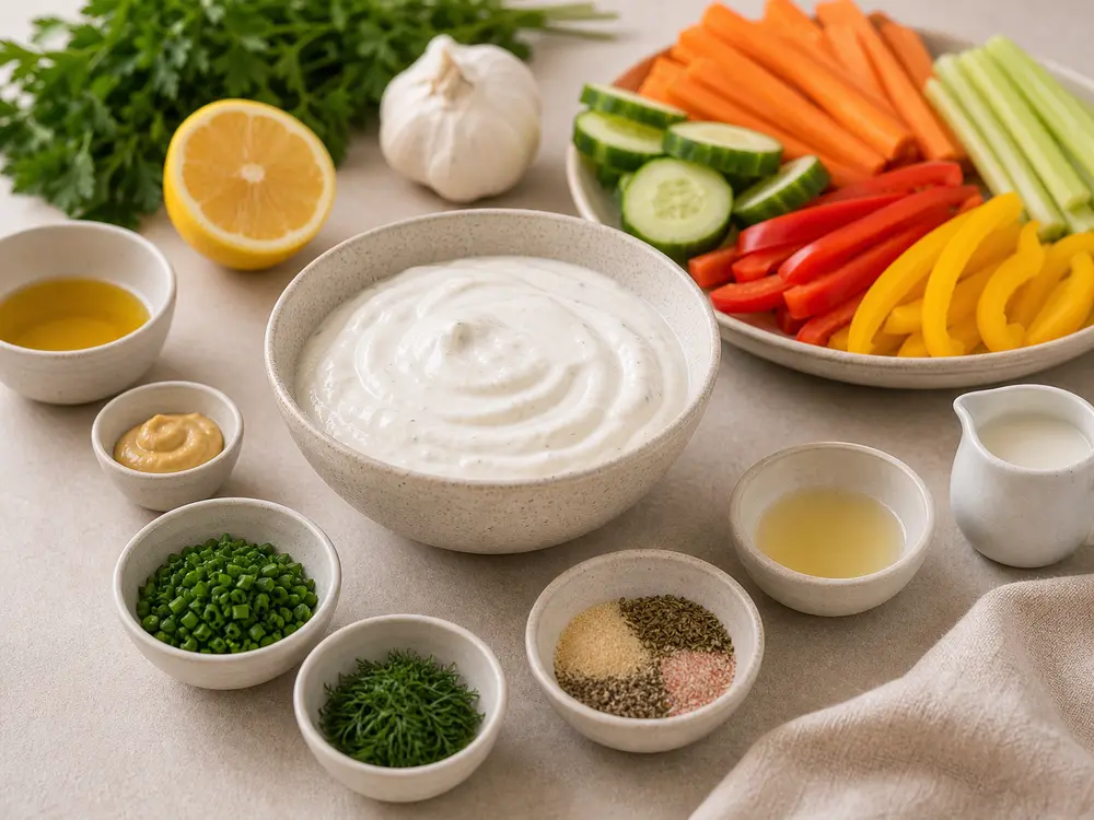פטרוזיליה קצוצה מעורבבת לתוך רוטב הראנץ׳