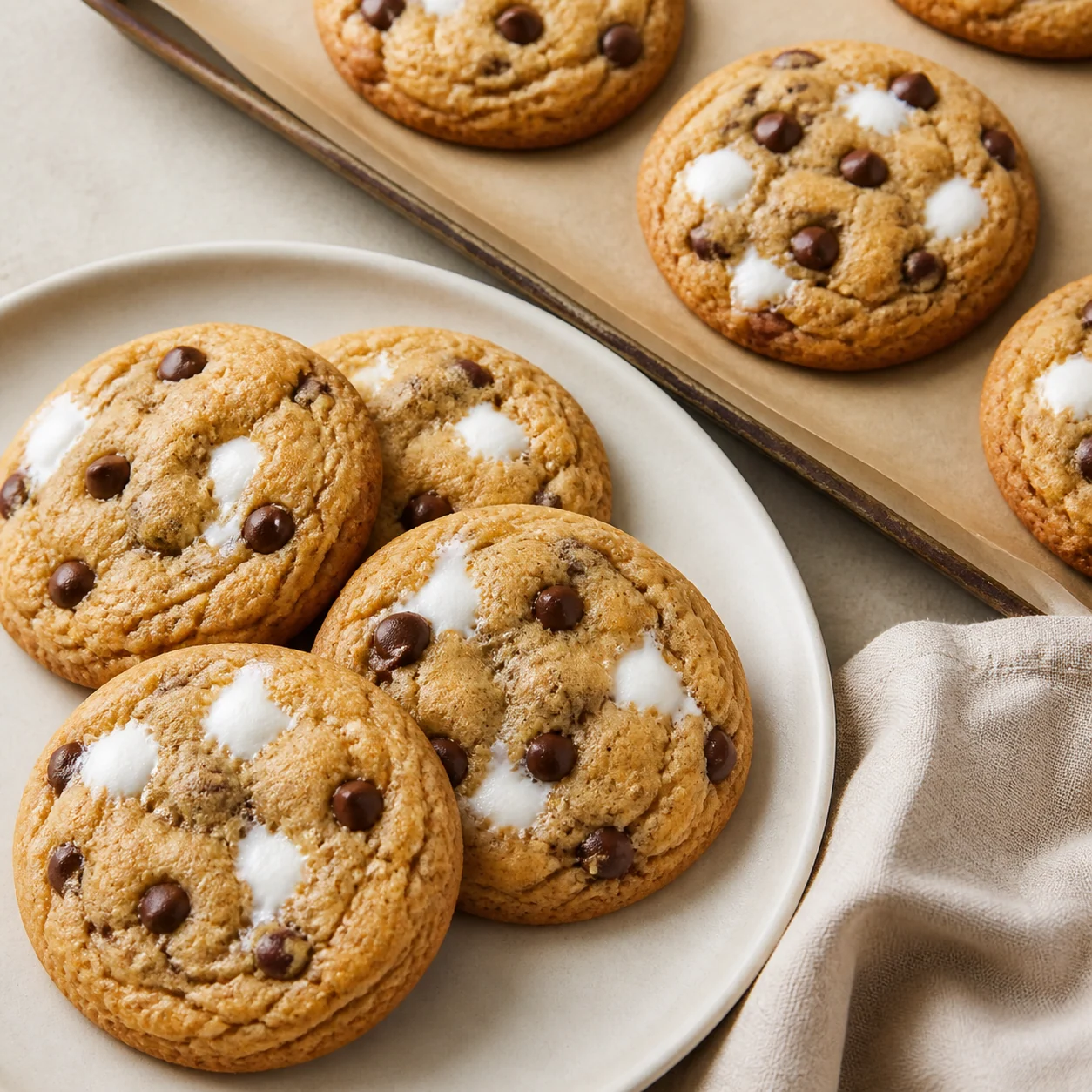 Soft chocolate chip cookies topped with toasted mini marshmallows