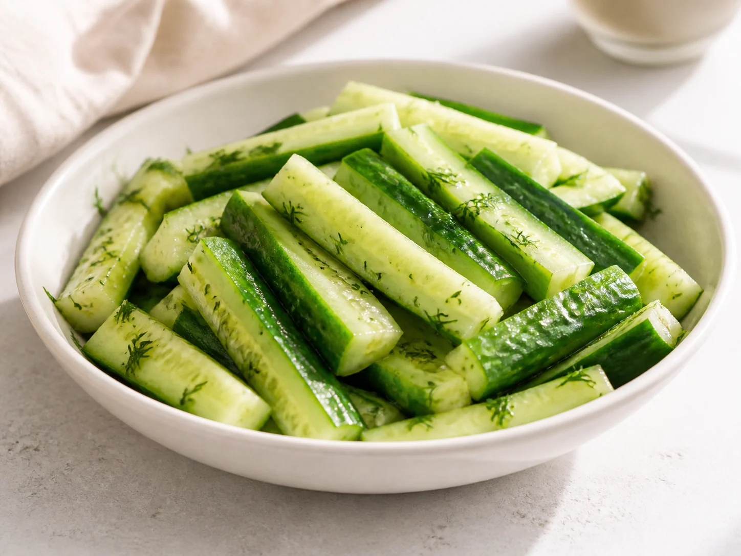 Ensalada fresca de pepino y eneldo en un cuenco, lista para servir