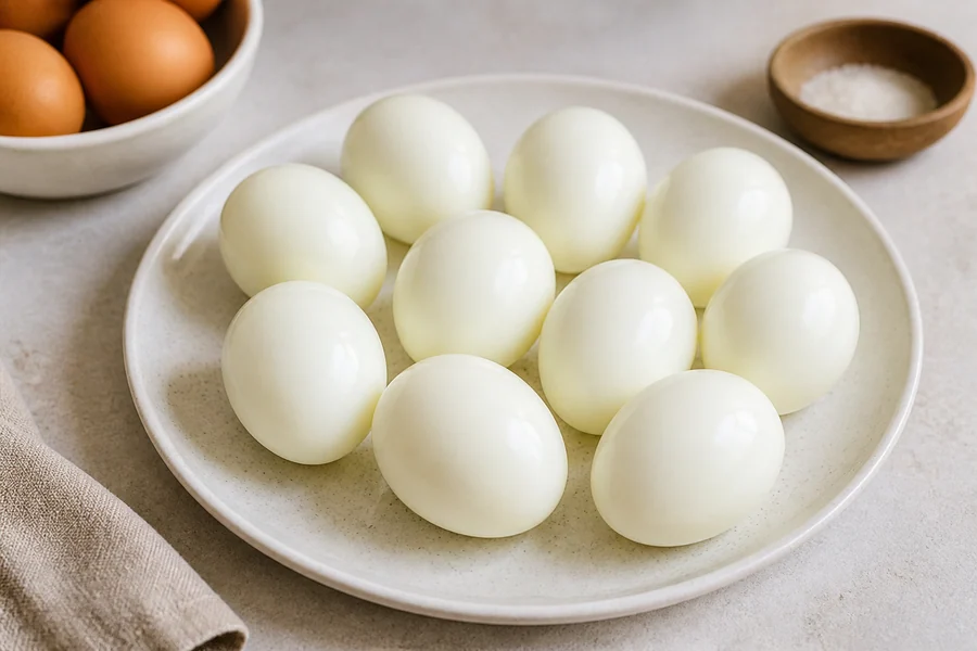 Peeled hard-boiled eggs arranged on a plate