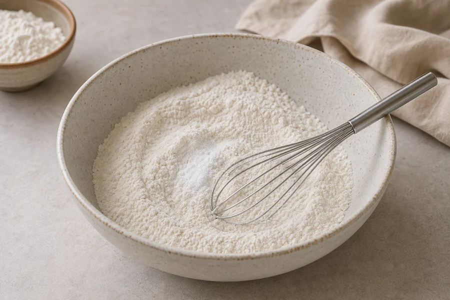Bowl of white flour mixture with a whisk