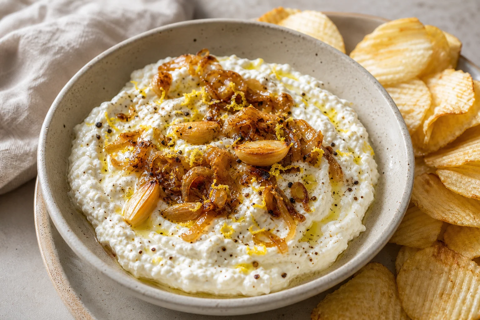 Dip de queso cottage y cebolla caramelizada