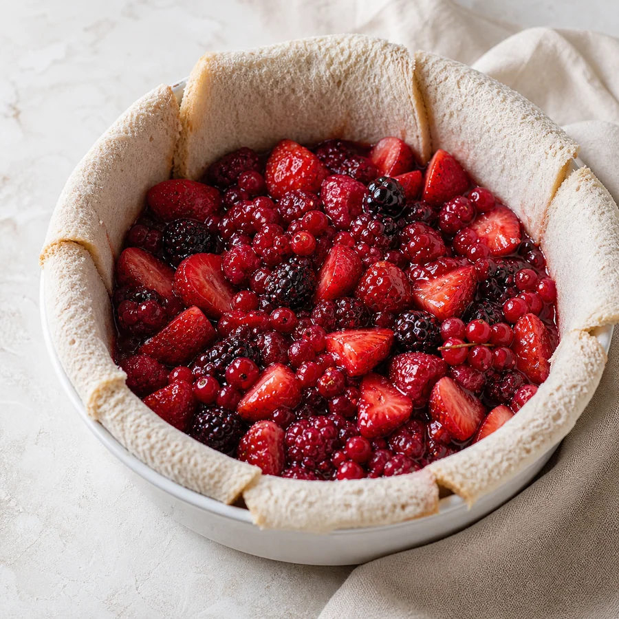 Fuente forrada con rebanadas de pan y rellena de frutos rojos