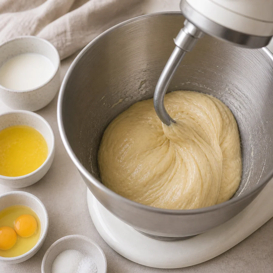 Se baten la leche, la mantequilla derretida, los huevos y la sal con una mezcla de levadura.