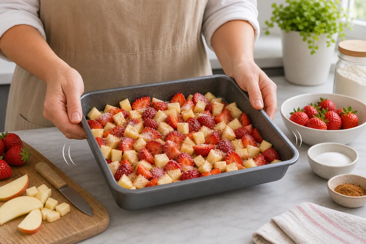 תבנית עם תותים ותפוחים קצוצים מוכנה לאפייה