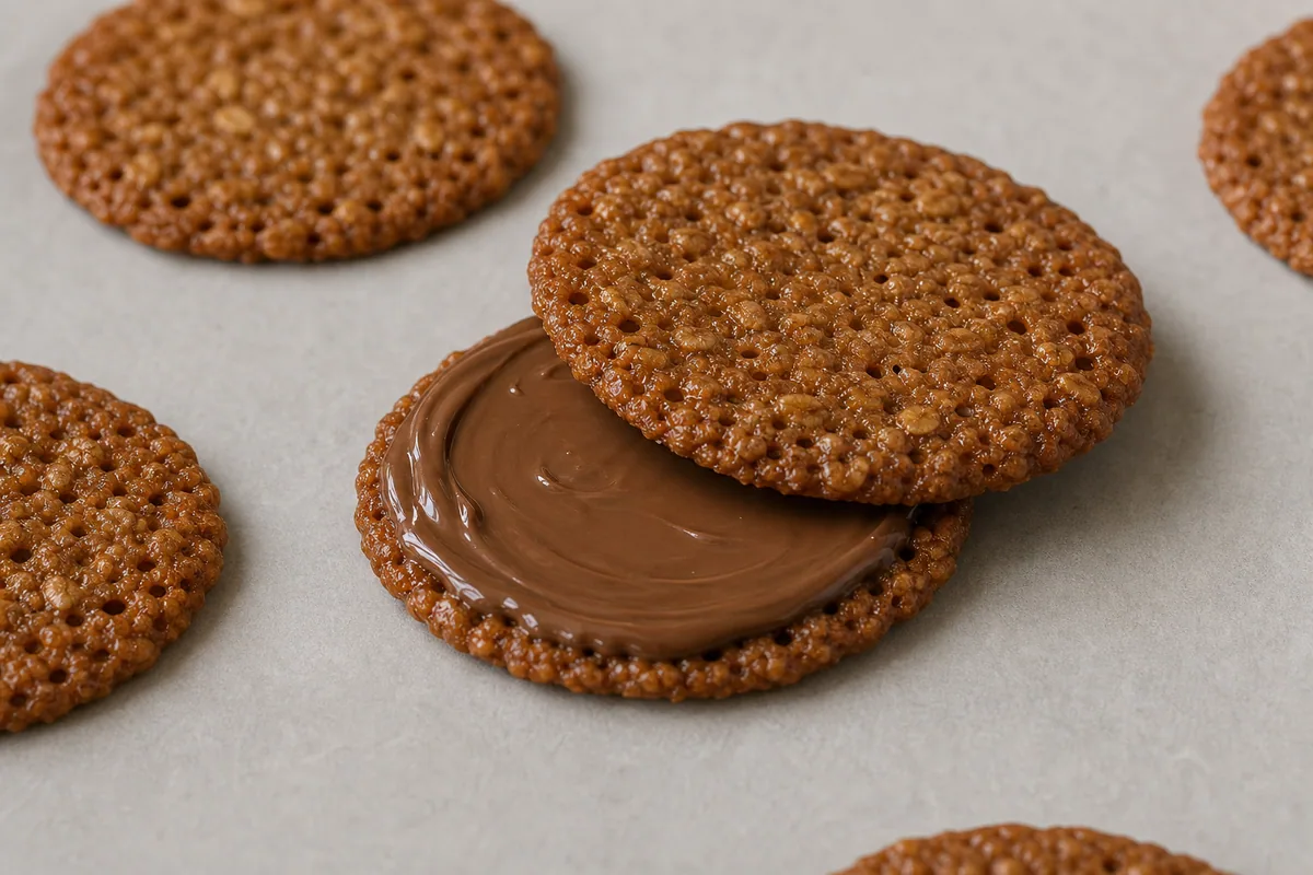 Dos galletas crujientes con relleno de chocolate entre ellas