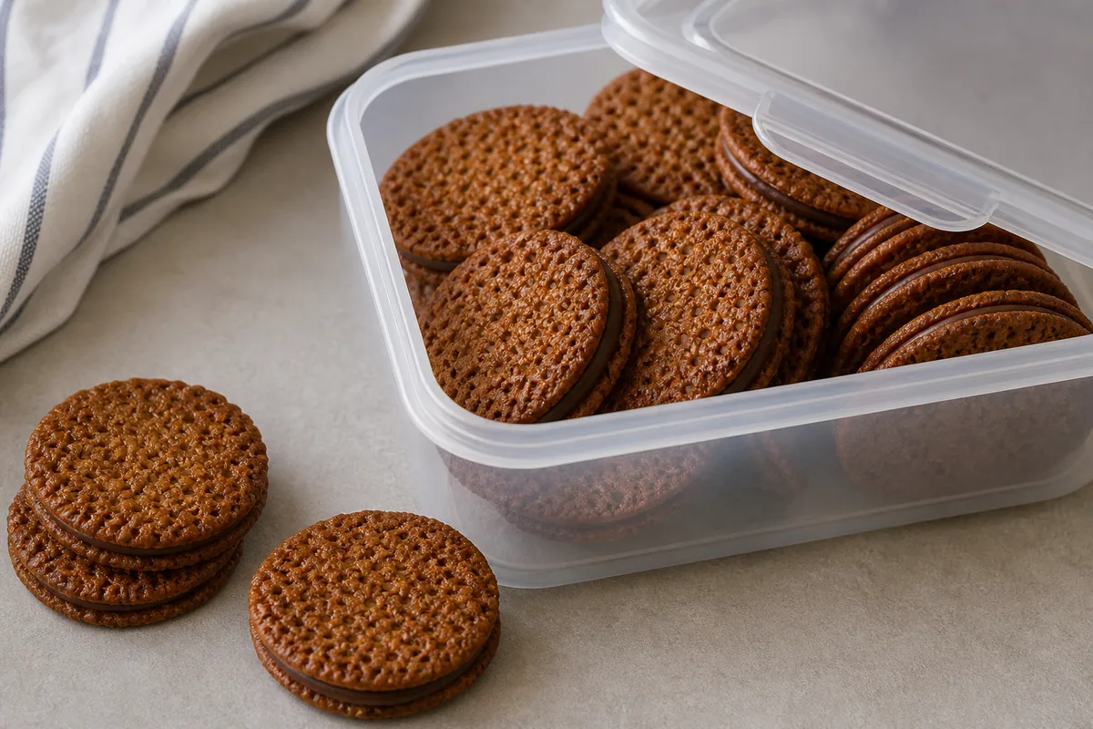 Galletas redondas de chocolate en un recipiente de almacenamiento