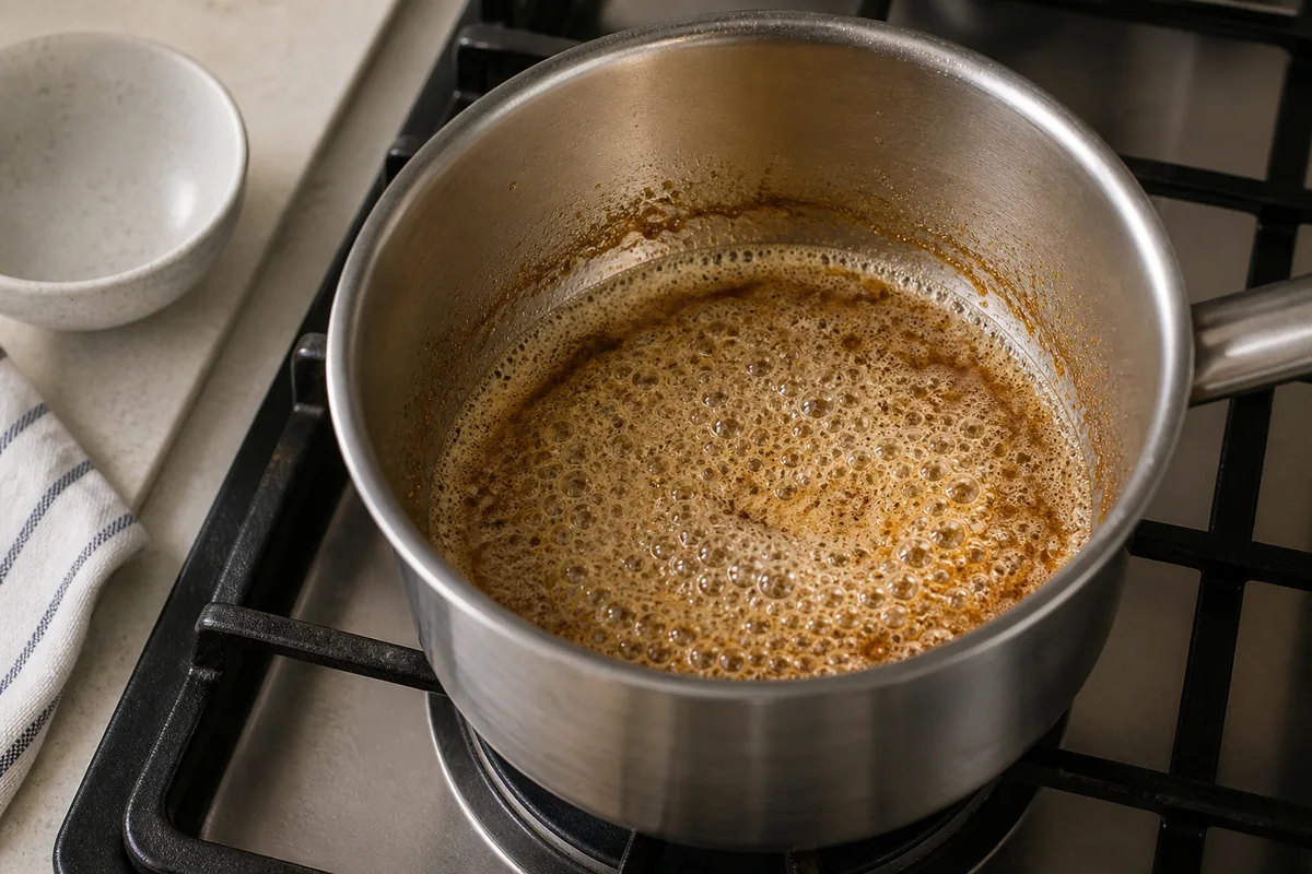 Cacerola pequeña con sirope marrón burbujeando sobre cocina de gas