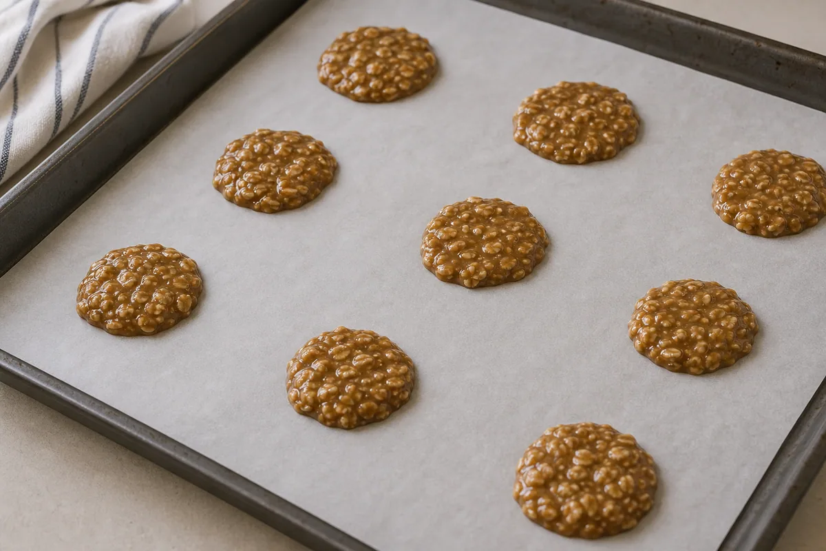 Montones de mezcla de galletas de avena en una bandeja forrada