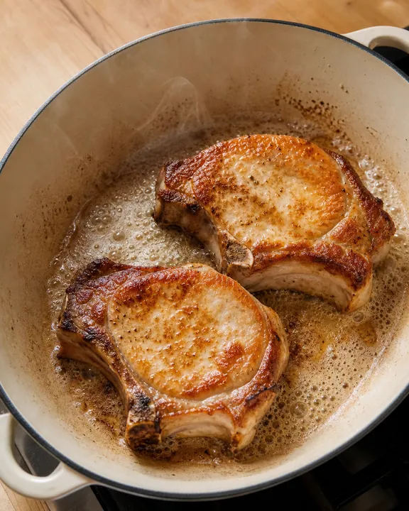 Dos chuletas de cerdo dorándose en mantequilla