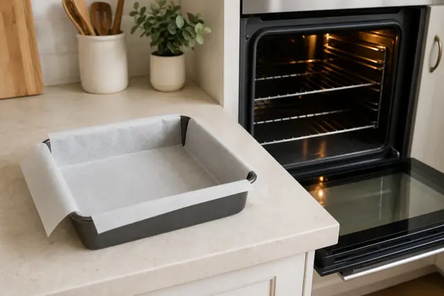 תבנית מרובעת מרופדת בנייר אפייה לצד תנור מחומם