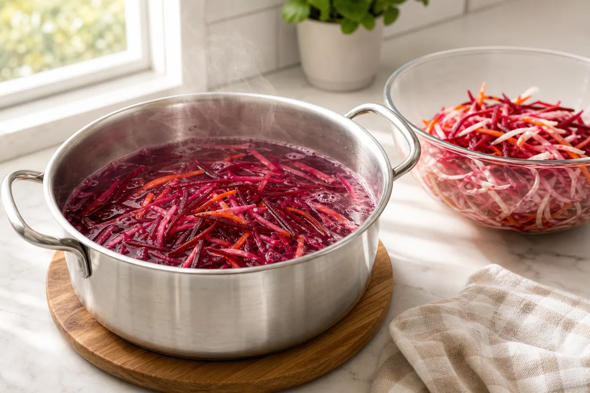 Remolacha y zanahoria ralladas cocinándose en una olla