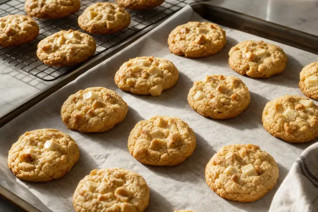 Galletas de macadamia al horno y chocolate blanco enfriándose en una bandeja