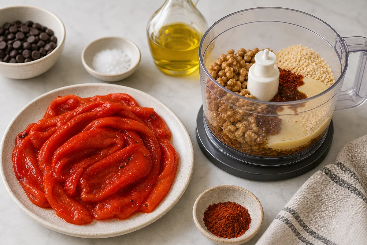 פלפלים קלויים קלופים מונחים ליד מעבד מזון מוכן