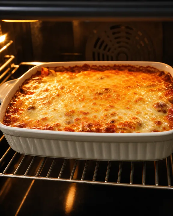 Cazuela de enchiladas horneándose hasta que el queso burbujea y se dora