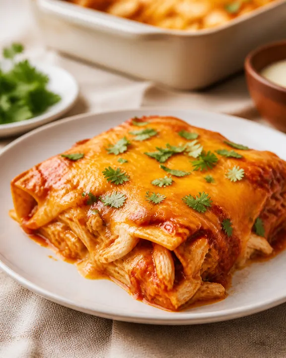 Porción caliente de cazuela de enchiladas de pollo en un plato