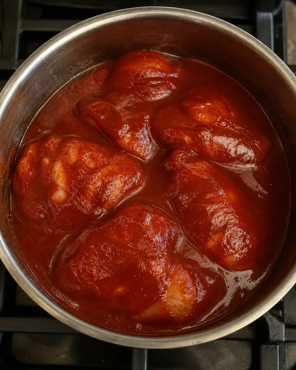 Trozos de pollo cubiertos de salsa de enchilada en una olla