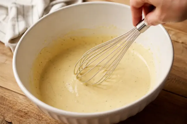 Pale savory batter with oregano whisked in a large bowl