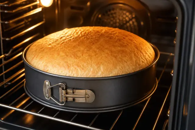 Torta de fiambre baking in a springform pan until golden