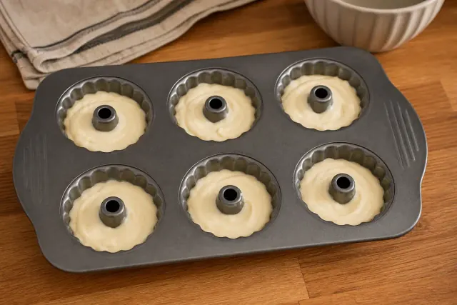 Masa clara repartida en cavidades de molde mini bundt