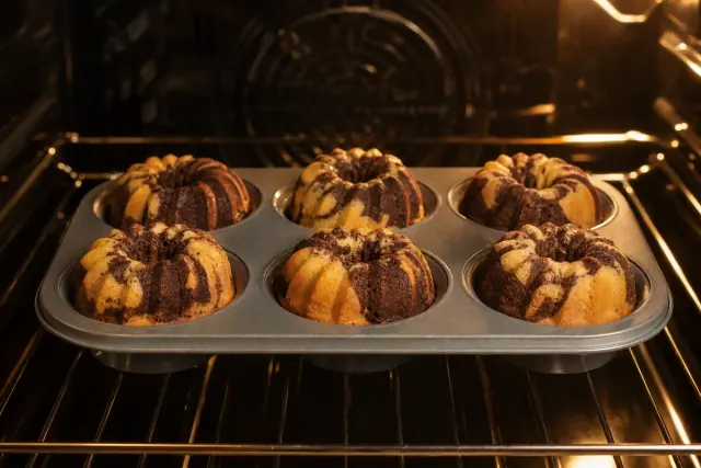 Mini pasteles bundt horneándose en el horno