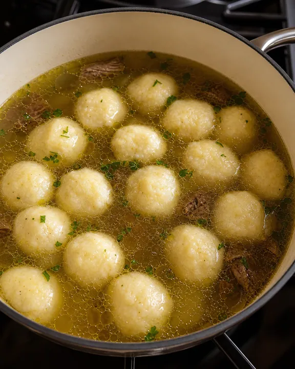 Albóndigas de sémola pasadas a caldo de ternera caliente