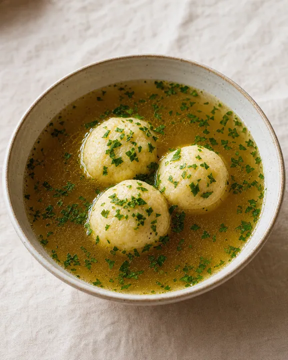 Sopa clara con albóndigas de sémola servida caliente con perejil
