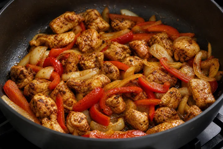 Spiced chicken browning with peppers