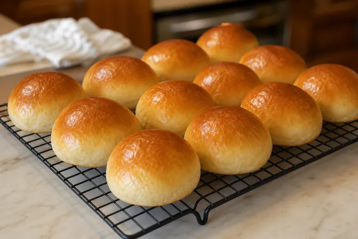 Golden baked brioche rolls cooling on a wire rack