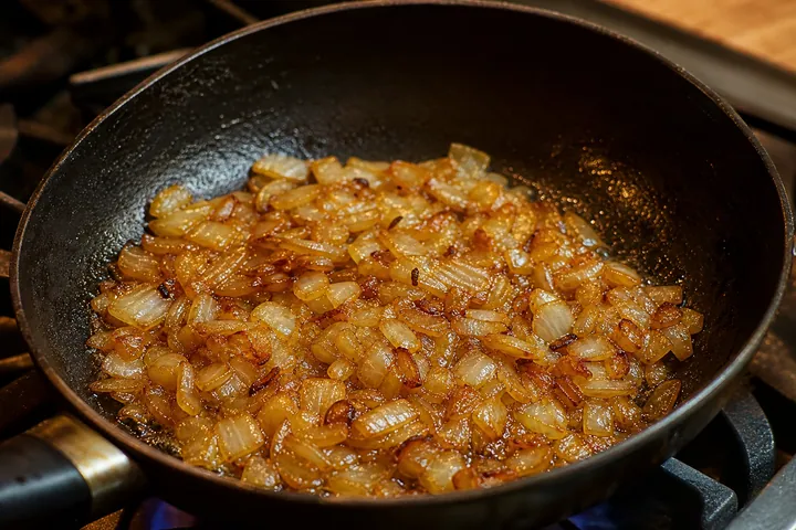 Chopped onions slowly caramelizing in butter in a skillet