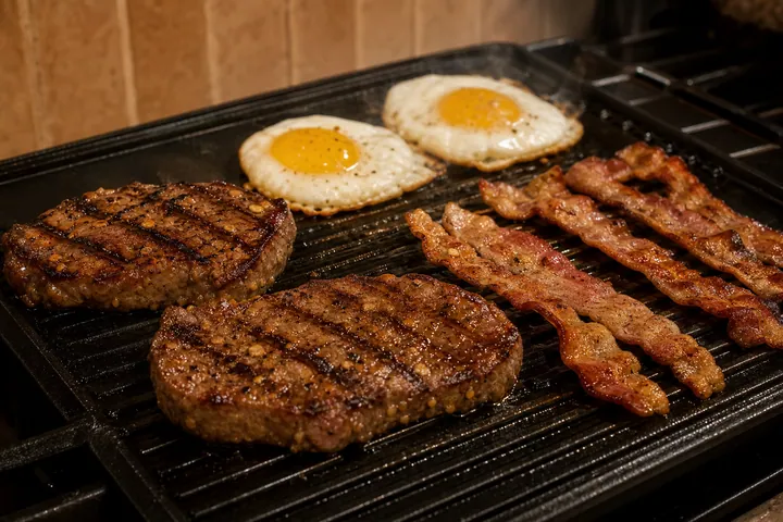 Garlic-rubbed steaks, bacon, and fried eggs cooking on a grill pan
