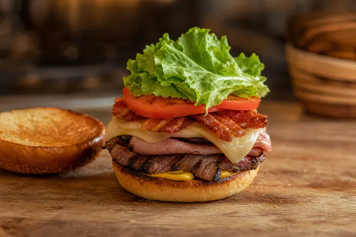 Open chivito bun with steak, ham, cheese, bacon, tomato, and lettuce