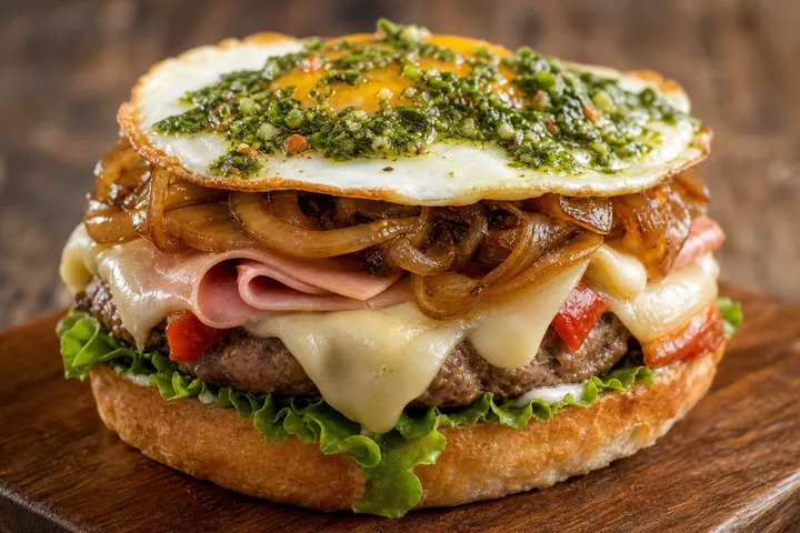 Finished chivito with fried egg, caramelized onions, and chimichurri