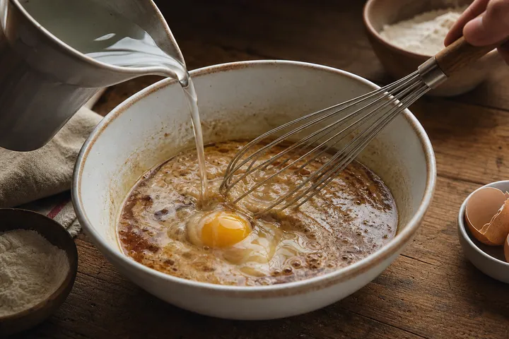Cold water and egg whisked into cooled sweet milk mixture