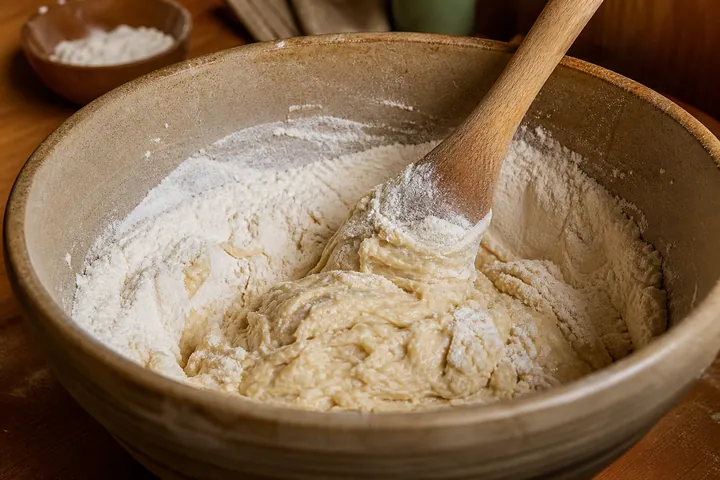 Flour, salt, yeast, and liquid forming a soft brioche dough