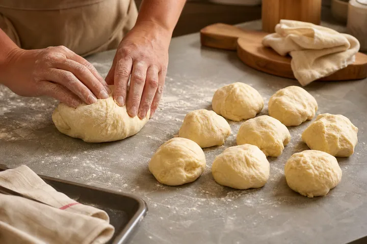 Brioche dough lightly kneaded and divided into eight portions