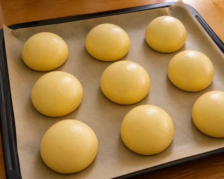 Eight brioche dough balls on a parchment-lined baking sheet